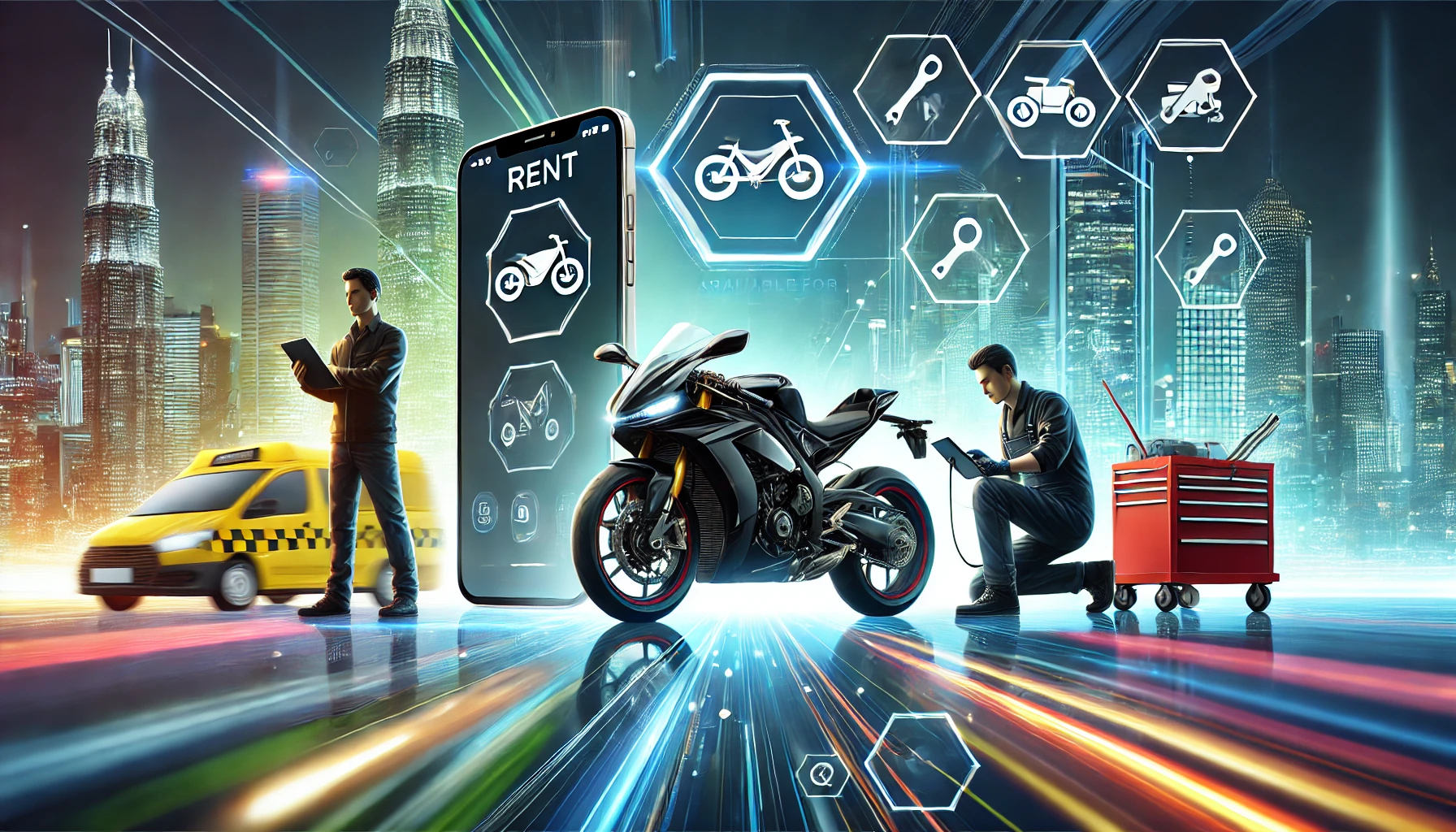 Modern motorcycle rental, vehicle-sharing app, and expert bike servicing with a vibrant city backdrop.