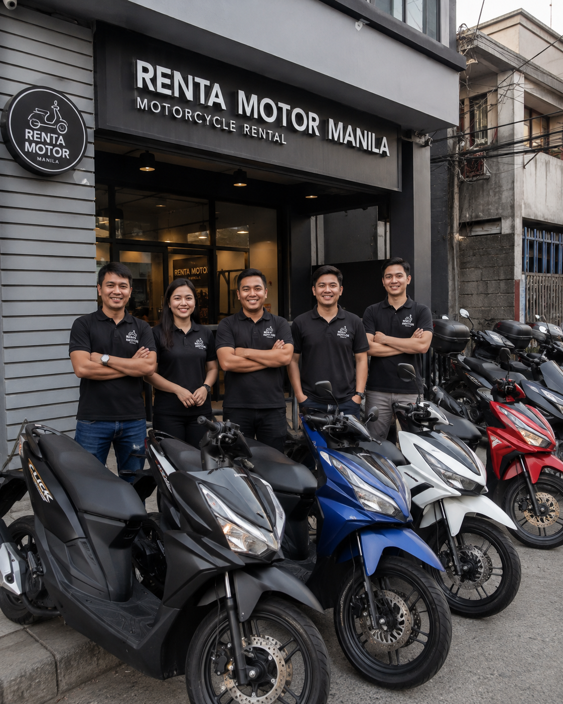 Renta Motor Manila staff and rental fleet outside the Manila branch